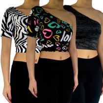 Kit 3 Tops Femininos Manga Curta Um Ombro Só Mula Manca Estampas Sortidas Suplex PP ao Plus Size Kit 3 Tops Femininos Manga Curta Um Ombro Só Mula Manca Estampas Sortidas Suplex PP ao Plus Size