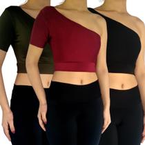 Kit 3 Tops Femininos Manga Curta Um Ombro Só Mula Manca Lisos Cores Sortida Suplex Pp ao Plus Size