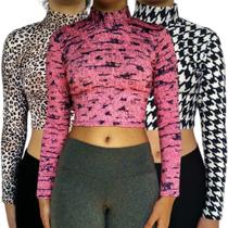 Kit 3 Tops Femininos Manga Longa Gola Alta Justos Estampas Sortidas Suplex PP ao Plus Size