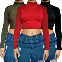 Kit 3 Tops Femininos Manga Longa Gola Alta Justos Lisos Cores Sortidas Malha Crepe Pp ao Plus Size