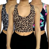 Kit 3 Tops Femininos Regata Justos Barra Estampas Sortidas Suplex PP ao Plus Size Kit 3 Tops Femininos Regata Justos Barra Estampas Sortidas Suplex PP ao Plus Size