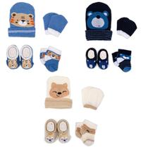 Kit 3 Toucas Meias Luvas e Pantufas Bebê Recém Nascido Menino Saída Maternidade Enxoval
