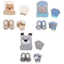 Kit 3 Toucas Meias Luvas e Pantufas Bebê Recém Nascido Menino Saída Maternidade Enxoval