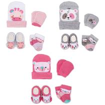Kit 3 Touquinhas Meias Luvas e Pantufas Bebê Recém-Nascido Menina Enxoval Maternidade