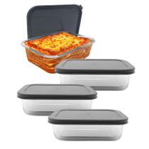 Kit 3 Travessas Assadeira 2600ml Lasanheira de Vidro Com Tampa Forno Microondas
