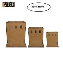 Kit 3 Trio de Cachepot Borda Ondulada Passa Fita P M G Laser Mdf Madeira Marrom