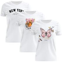 Kit 3 Tshirt Blusa Estampada Feminina Manga Curta Camiseta Camisa