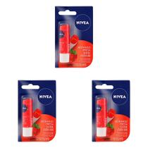 Kit 3 Und Hidratante Labial Nivea Lip Care Morango 4,8g