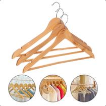 Kit 3 Unidades Cabide Madeira Acabamento Envernizado Adulto Gancho 360º Cromado Antiderrapante Casa Loja de Roupas