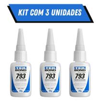 Kit 3 Unidades Colas Instantâneas TekBond 793 Super Bonder 20g - Adesivo Multiuso Para Madeira/Plástico/Metal e Borracha