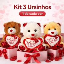 Kit 3 Ursinhos de Pelúcia com Coração Love You para Presente Romântico Cesta de Presente