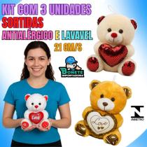 Kit 3 Ursinhos de Pelúcia Sortidos 21cm Antialérgicos e Laváveis Kit 3 Ursinhos de Pelúcia Sortidos 21cm Antialérgicos e Laváveis
