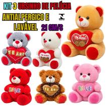 Kit 3 Ursos de Pelúcia 21cm com Coração Antialérgicos, Laváveis com Zíper Kit 3 Ursos de Pelúcia 21cm com Coração Antialérgicos, Laváveis com Zíper