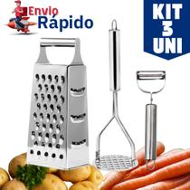 Kit 3 Utensilio Amassador De Batatas Inox Descascador Inox Frutas Legumes Ralador Inox 4 Faces N7
