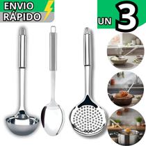 Kit 3 Utensílio de Cozinha Colher de Arroz Concha em Inox Feijão e Escumadeira em Inox Linha Premium