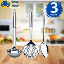 Kit 3 Utensílio de Cozinha Colher de Arroz Concha em Inox Feijão e Escumadeira em Inox Linha Premium