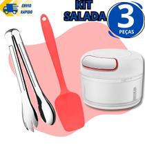 Kit 3 Utensílio Salada Processador de Alimentos Pegador Inox Salada 29cm E Espátula Silicone Reta