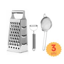 Kit 3 Utensilios Cozinha com Descascador Ralador e Peneira para Descascar Ralar Peneirar em Inox
