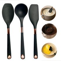 Kit 3 Utensílios Cozinha Em Silicone Cinza Detalhe Rose Gold Jogo De Utensílios Resistente ao Calor