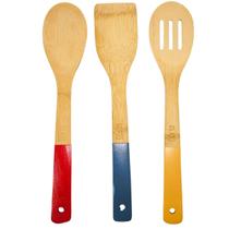 Kit 3 Utensílios de Cozinha 100 Bambu Cabo Colorido 30,5cm Sustentável, Resistente e Ideal para Panelas Antiaderentes