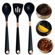 Kit 3 Utensílios De Cozinha Em Silicone Preto Com Detalhe Rose Gold Resistente ao Calor