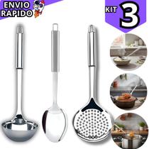 Kit 3 Utensílios de Cozinha Inox Colher de Arroz Concha Feijão e Escumadeira Linha Premium Kit 3 Utensílios de Cozinha Inox Colher de Arroz Concha Feijão e Escumadeira Linha Premium