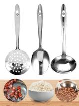 Kit 3 Utensílios de Servir Aço Inox Cozinha Colher De Arroz + Concha Feijão + Escumadeira