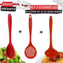 Kit 3 Utensílios de Silicone Vermelhos - Escumadeira Concha e Colher de Servir Kit 3 Utensílios de Silicone Vermelhos - Escumadeira Concha e Colher de Servir