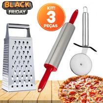 Kit 3 Utensílios para Pizza em Aço Inox: Ralador N8, Cortador e Rolo para Massa Kit 3 Utensílios para Pizza em Aço Inox: Ralador N8, Cortador e Rolo para Massa