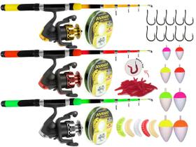 Kit 3 Varas Telescópica 1,70m + 3 Molinetes + Acessórios (Ref. 89)
