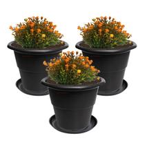 Kit 3 Vaso Redondo Grande Com Prato Plástico Para Flores Plantas Jardim Preto - AMZ