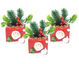 Kit 3 Vasos Cachepot de Natal Cerâmica Papai Noel com Planta Artificial 12cm