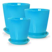 Kit 3 Vasos Cachepots Plantas com Pratos e Tampas para o Fundo Porcelana Azul Pozzani