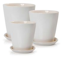 Kit 3 Vasos Cachepots Plantas com Pratos e Tampas para o Fundo Porcelana Branco Pozzani