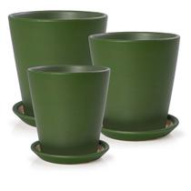 Kit 3 Vasos Cachepots Plantas com Pratos e Tampas para o Fundo Porcelana Verde Pozzani