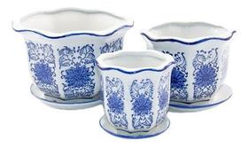 Kit 3 Vasos Cerâmica Conjunto C/ Pires Azul E Branco
