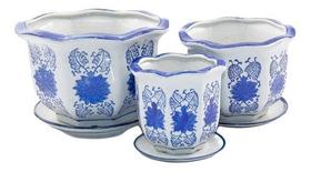 Kit 3 Vasos Cerâmica Conjunto C/ Pires Azul E Branco