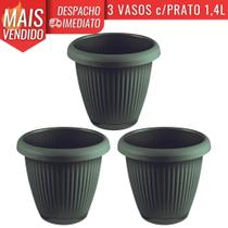 Kit 3 Vasos de Flor Plástico Pequeno c/Prato 1,4 Litros Moderno Decorativo - Usual Utilidades