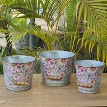 Kit 3 Vasos Floreiras Metal Galvanizado Com Alça 17x23