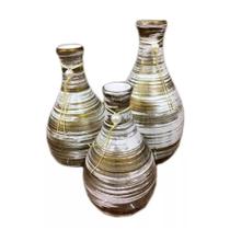 Kit 3 Vasos Garrafas Belly Cerâmica De Sala Mesclado Dourado