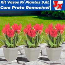 Kit 3 Vasos Para Plantas 9,6L C/ Prato Decoração Casa Jardim