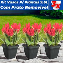 Kit 3 Vasos Para Plantas 9,6L C/ Prato Decoração Casa Jardim