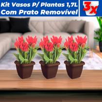 Kit 3 Vasos Para Plantas C/ Prato 1,7L Decorativo Casa Jardim - Usual Utilidades