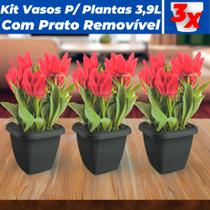Kit 3 Vasos Para Plantas C/ Prato Quadrado 3,9L Decorativo Casa Jardim