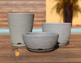 Kit 3 Vasos Para Plantas Polietileno Texturizado Redondo Cone + Bojo + Bacia - Decorart