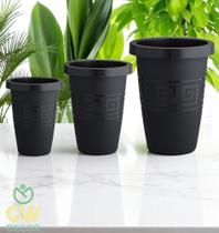 Kit 3 Vasos Redondo Coluna Grego Preto 3 Tamanhos Plástico Reforçado