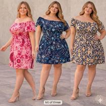 Kit 3 Vestido Feminino Com Mangas Ciganinha Plus Size Sortidos Florido Gg 2381