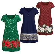Kit 3 Vestido Feminino Senhoras Soltinhos Malha Fria Estampados