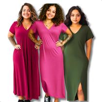 Kit 3 Vestido Longo Feminino Midi Liso Com Fenda E Bolsos