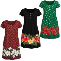 Kit 3 Vestido Manga Feminino Malha Fria Senhoras Excelente Liganete Dia a Dia